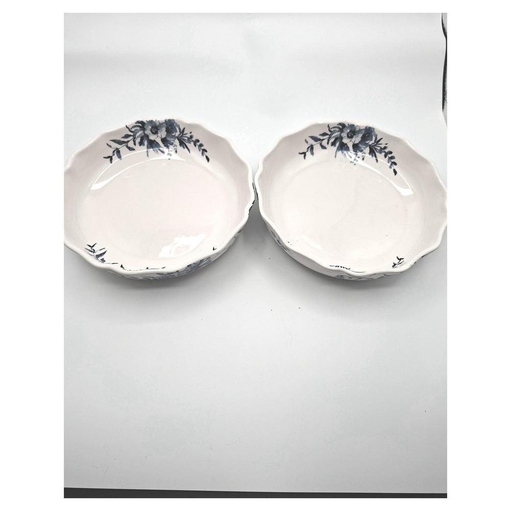BICO Blue Floral Ceramic Pasta Bowls Set of 2 Scalloped Rim‎ White Blue Flowers
